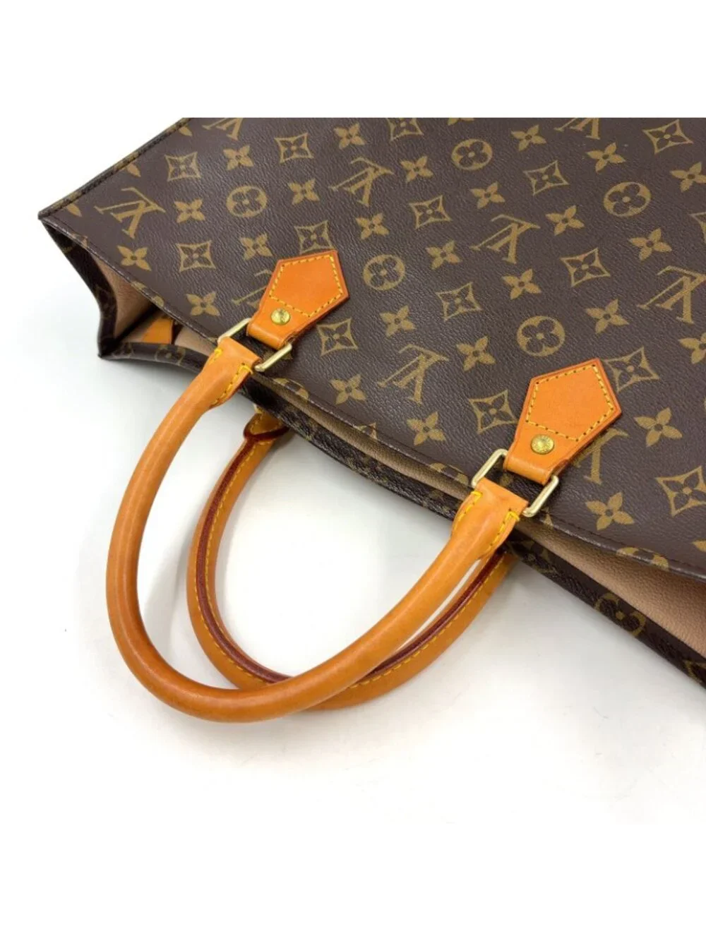 Louis Vuitton Sac Plat Monogram Handbag Leather Brown Light Tote Gold